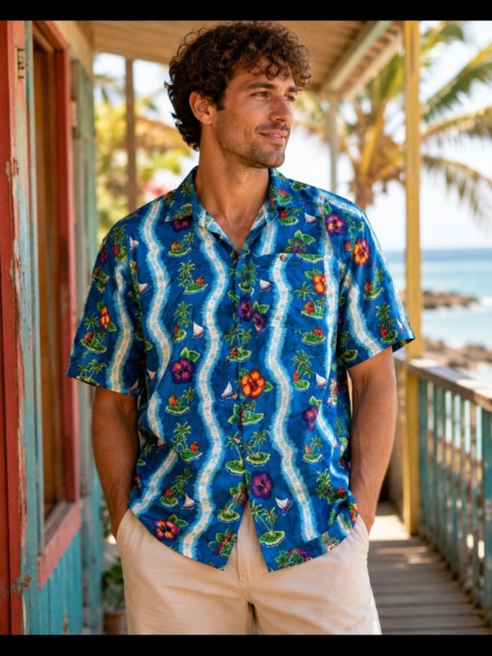 Vintage Montage Tropics Hawaiian Shirt Blue Island Print Size Large